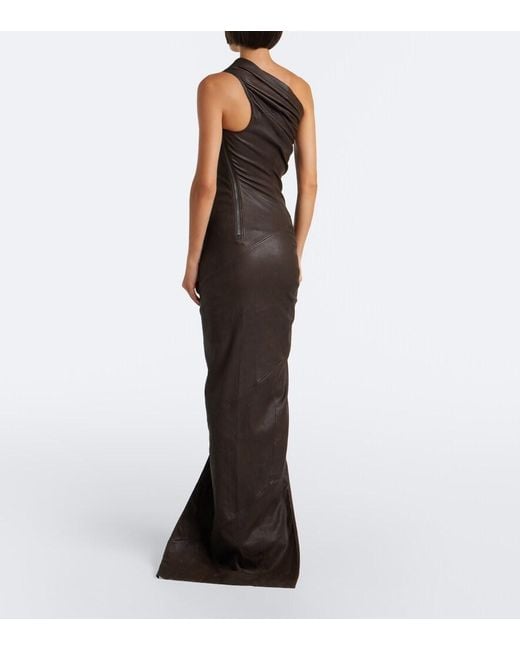 Rick Owens Brown Athena Asymmetric Draped Leather Gown