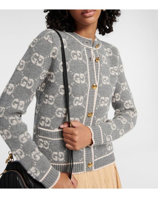 Gucci Gray Cardigan Aus Wollbouclé Mit GG Jacquard