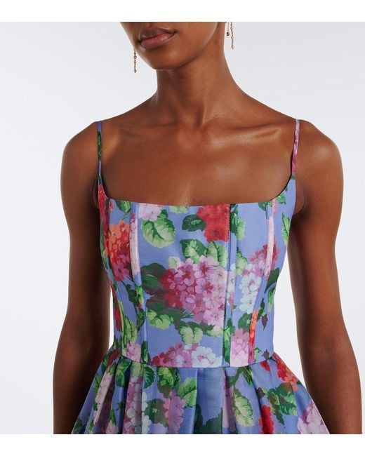 Carolina Herrera Blue Floral Silk Crepe Cocktail Dress