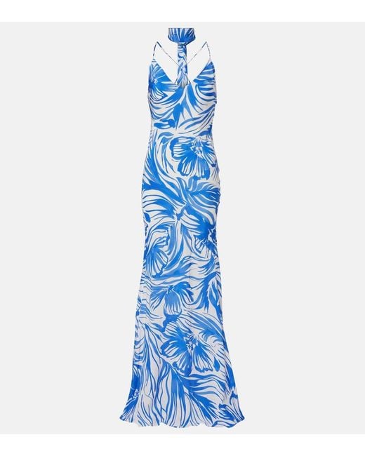 Alexandra Miro Blue Isla Scarf-Detail Printed Gown