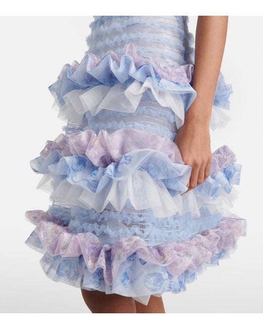 SUSAN FANG Blue Printed Smocked Ruffled Minidress