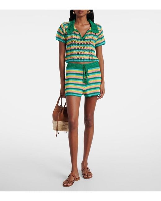 Anna Kosturova Green Striped Crochet Cotton Polo Shirt