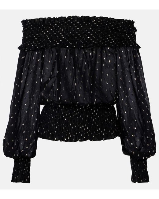 Self-Portrait Black Shirred Metallic-Effect Off-Shoulder Top