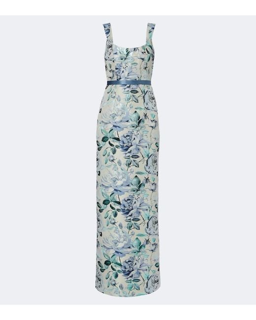 Markarian Blue Robin Belted Floral Brocade Gown