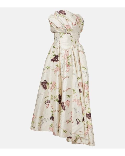 Erdem Natural Draped Floral Satin Cocktail Dress