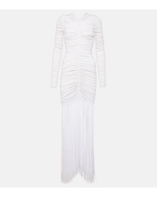 Khaite White Guisa Fringed Shirred Silk-Blend Gown