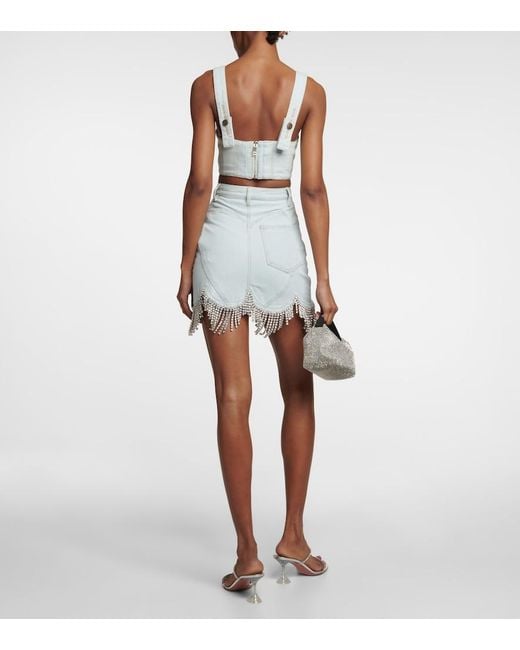 Area White Crystal-embellished Denim Crop Top