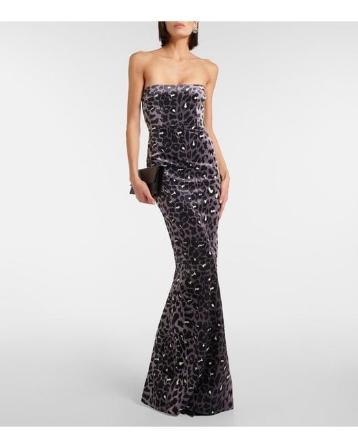 Alex Perry Blue Leopard-print Strapless Velvet Midi Dress