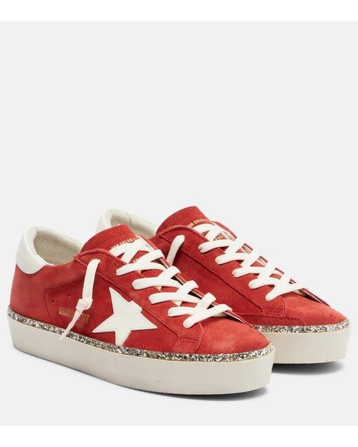 Golden Goose Deluxe Brand Red Hi Star Glitter-Trimmed Suede Sneakers