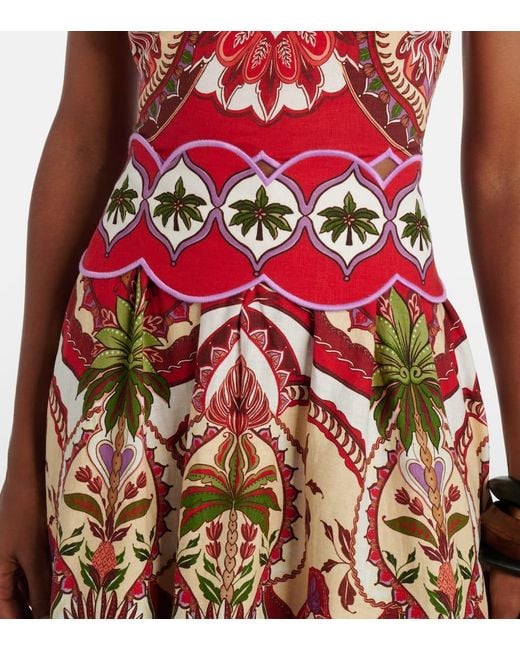 Farm Rio Red Odara Scalloped Linen-Blend Midi Skirt