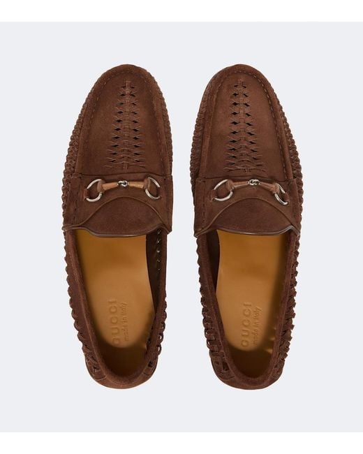Gucci Brown Bamboo Horsebit Woven Suede Loafers for men