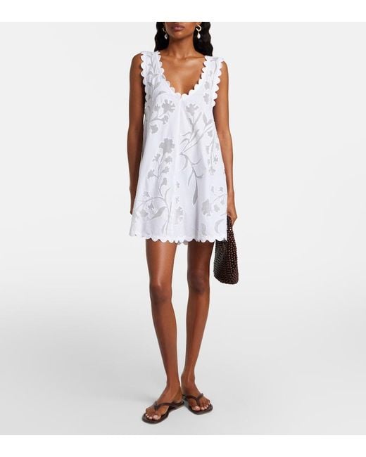 Juliet Dunn White Embroidered Scalloped Cotton Minidress