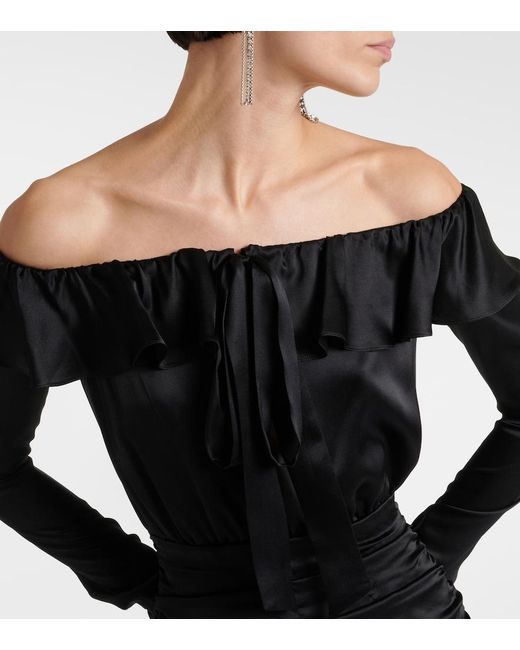 Alessandra Rich Black Off-Shoulder Silk Midi Dress