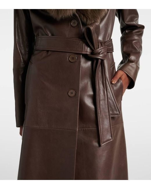 Nour Hammour Brown Dakota Shearling-Trimmed Leather Trench Coat