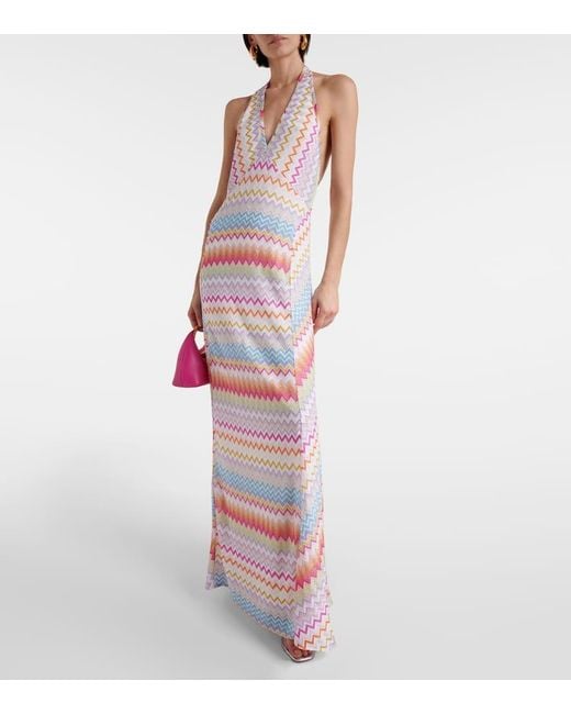 Missoni White Zig Zag Halterneck Lame Maxi Dress