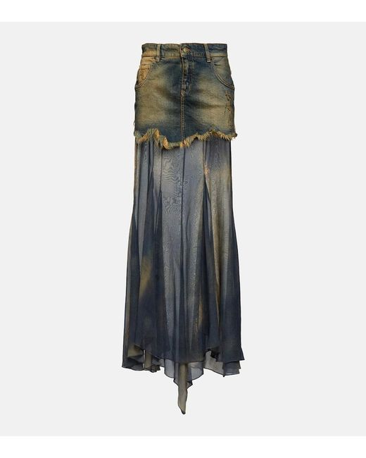 Blumarine Denim And Silk Chiffon Maxi Skirt | Lyst
