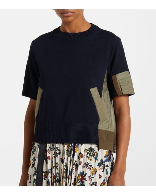 Sacai Blue Paneled Cotton-Blend T-Shirt