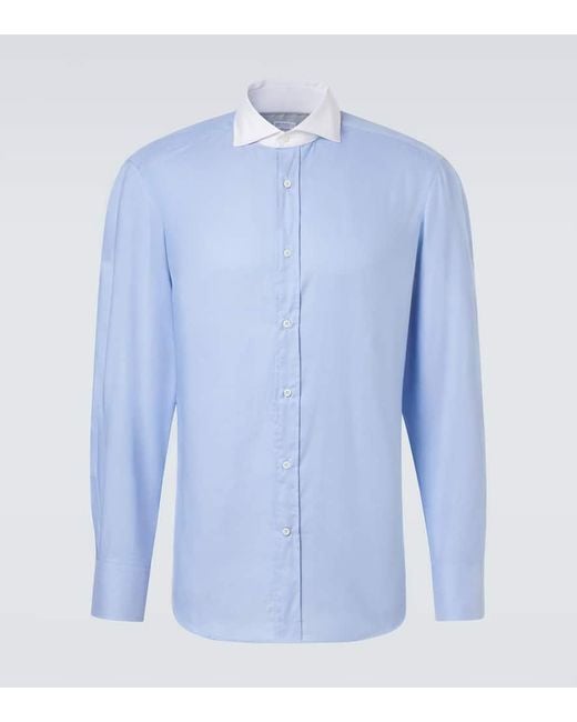 Camisa De Popelin De Algodon Brunello Cucinelli de hombre de color Blue