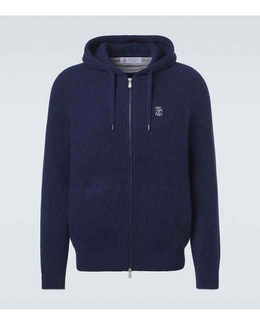 Brunello Cucinelli Blue Ribbed-Knit Cashmere Zip-Up Cardigan for men
