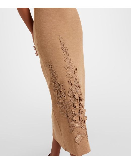 Oscar de la Renta Brown Foxgloves Wool-Blend Midi Dress