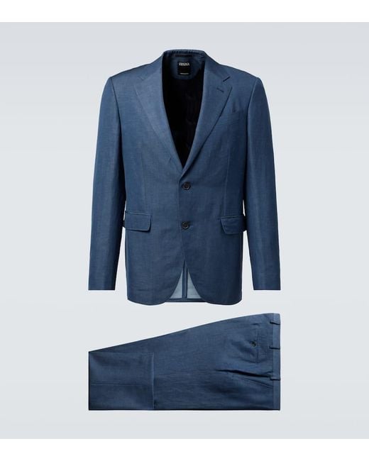Zegna Blue Wool And Linen Suit for men