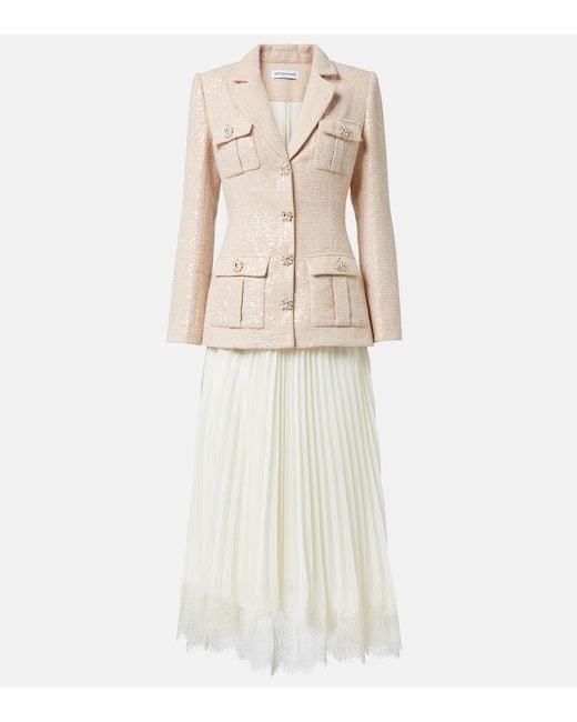 Self-Portrait Natural Sequined Boucle And Chiffon Midi Dress