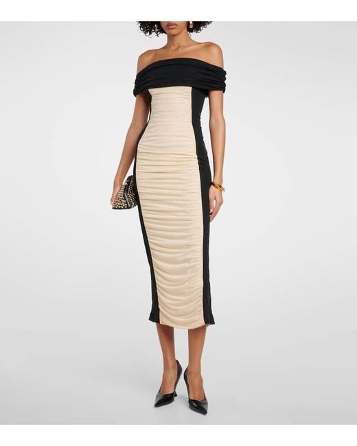 ROTATE BIRGER CHRISTENSEN Natural Ruched Colorblocked Midi Dress