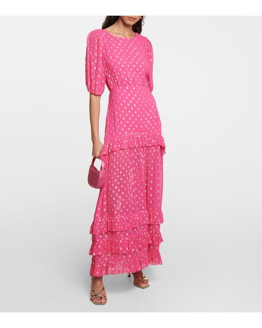 Rixo Pink Shireen Ruffled Polka-dot Metallic Fil Coupé Maxi Dress