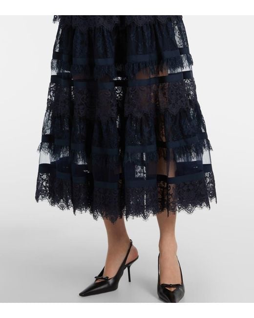 Elie Saab Blue Tie-Neck Lace Midi Dress