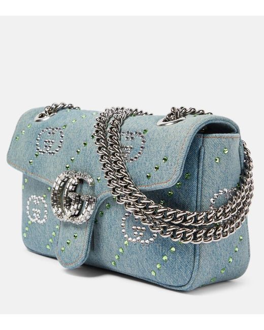 Gucci Blue GG Marmont Embellished Denim Shoulder Bag