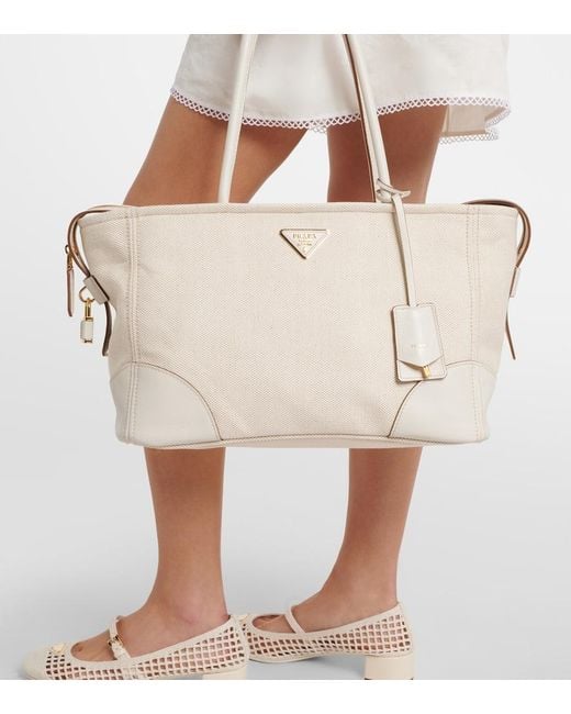 Prada White Large Leather-Trimmed Canvas Tote Bag