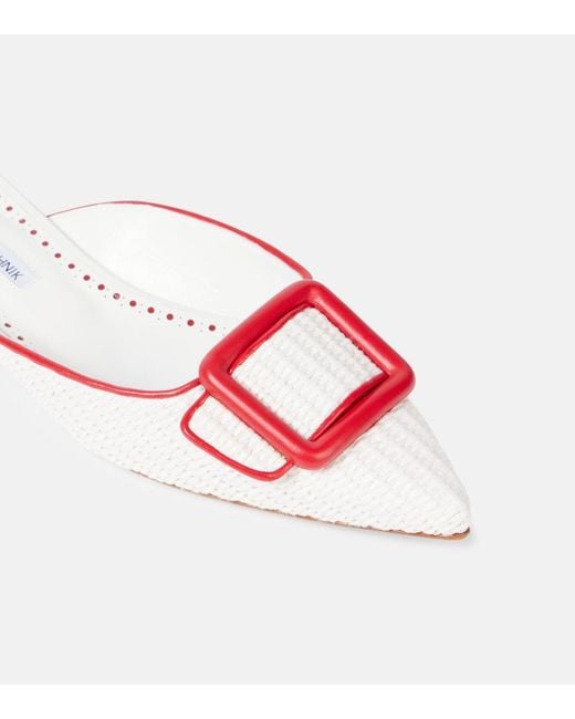 Manolo Blahnik Pink Maysale Leather-Trimmed Raffia Mules