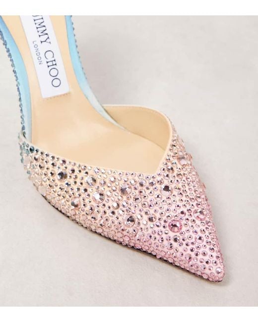 Jimmy Choo Blue Saeda 100 Crystal-Embellished Satin Pumps
