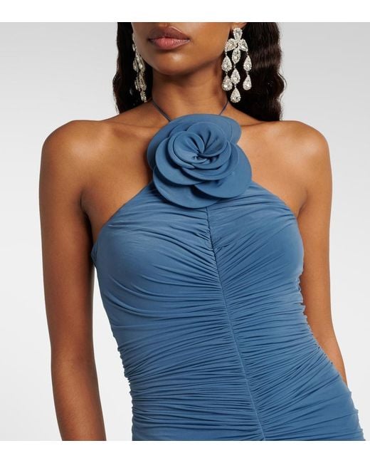 Magda Butrym Blue Floral-Applique Ruched Midi Dress