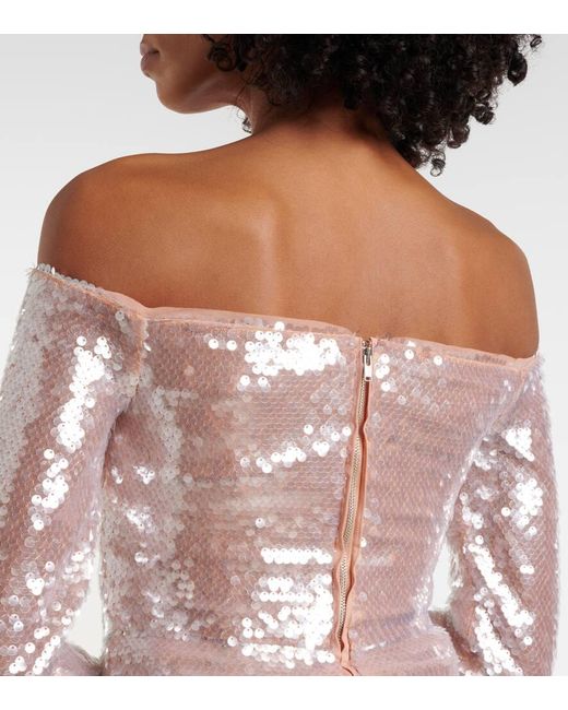 Self-Portrait Pink Sequined Off-Shoulder Top
