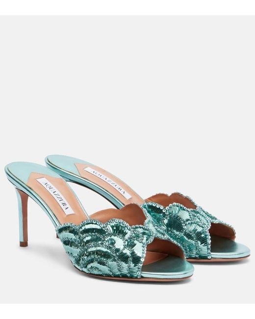 Aquazzura Green Ce Soir 75 Sequined Metallic Leather Mules