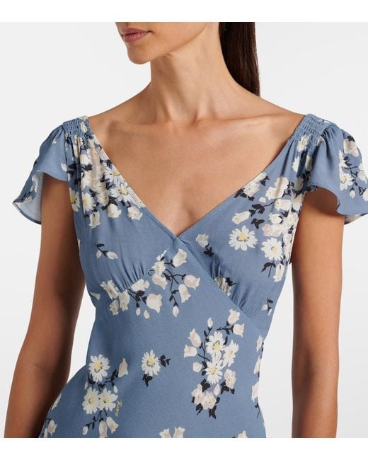 Rixo Blue Cathy Floral Crepe Midi Dress