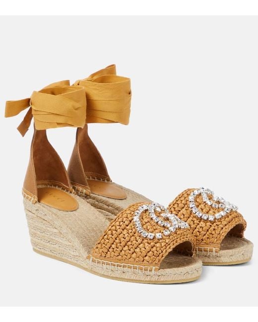 Gucci★素敵！GG raffia-effect espadrille wedge sandals GUCCI SHOES RAFFIA WEDGE ESPADRILLES WRAP AROUND G LOGO