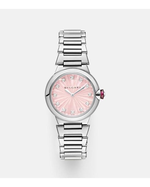 BVLGARI Pink Lvcea 28Mm Stainless Steel Watch With Diamonds