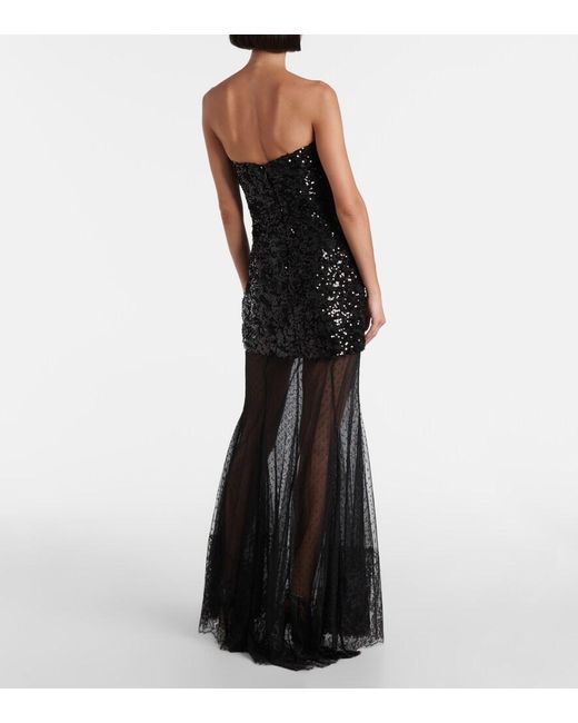 Rebecca Vallance Black Diana Sequined Mesh-Trimmed Gown