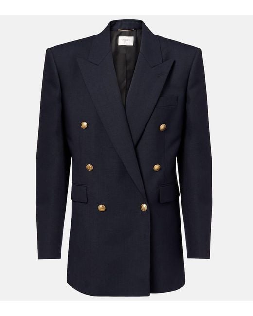Saint Laurent Blue Double-Breasted Wool Chine Blazer