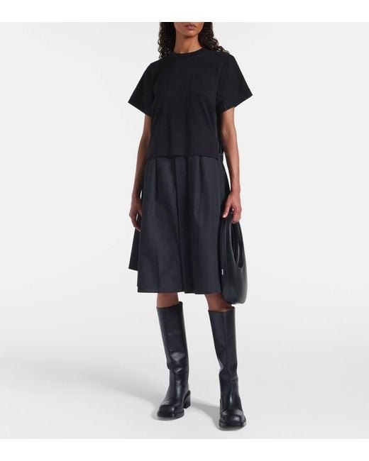 Sacai Black Cotton Poplin And Jersey Maxi Dress