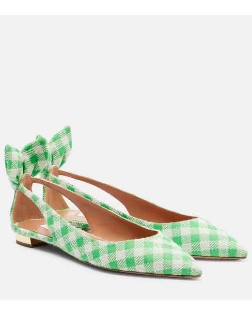 Aquazzura Green Bow Tie Bow-Detail Checked Ballet Flats