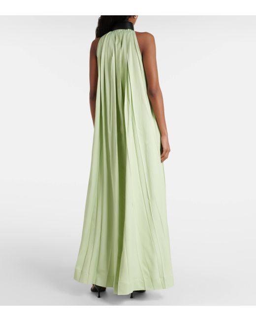 Ferragamo Green Faux Leather-trimmed Pleated Gown