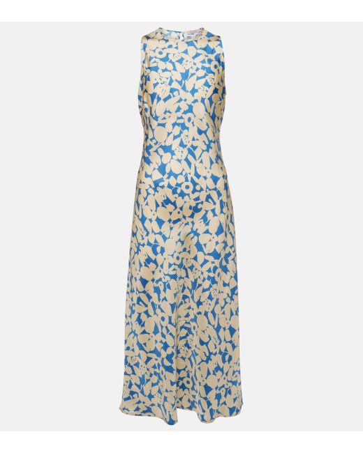 Asceno Blue Valentina Printed Silk Twill Midi Dress