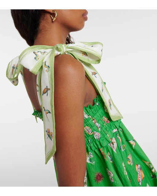 ALÉMAIS Green Shirred Printed Linen Midi Dress