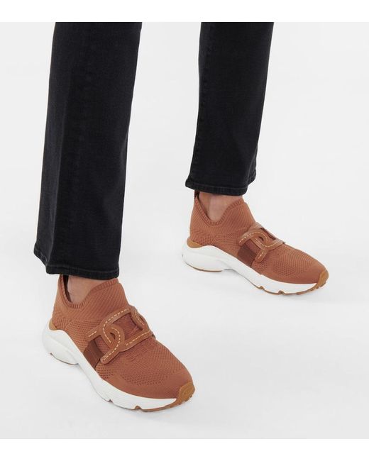 Tod's Brown Leather-trimmed Knit Sneakers