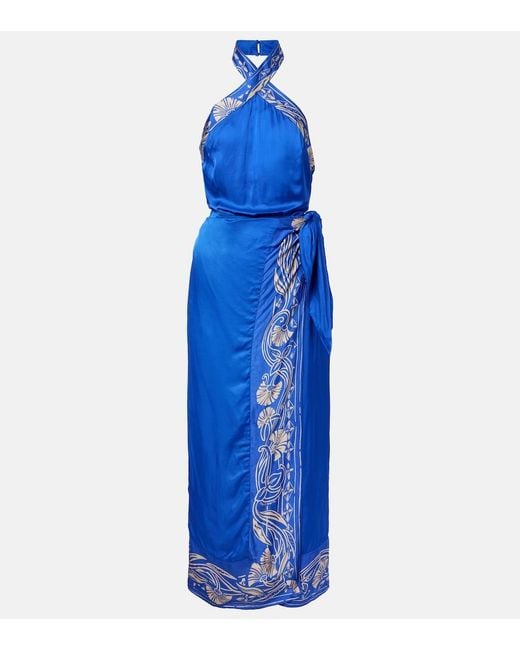 Poupette Blue Hana Floral Halterneck Satin Midi Dress