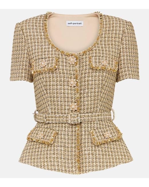 Self-Portrait Metallic Embellished Boucle Peplum Top