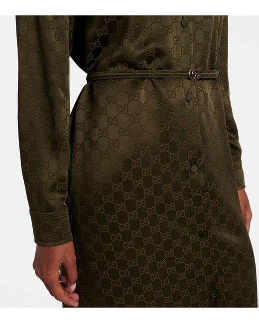 Gucci Green Gg Belted Satin Jacquard Shirt Dress
